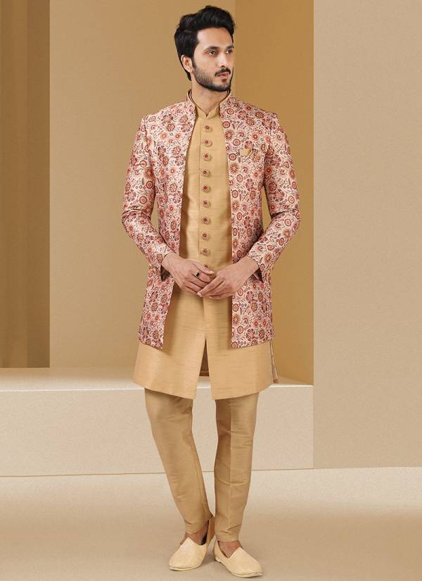 Soumya Creation Festive Wear Banarasi Silk Digital Print Kurta Pajama With Jacket Mens Collection